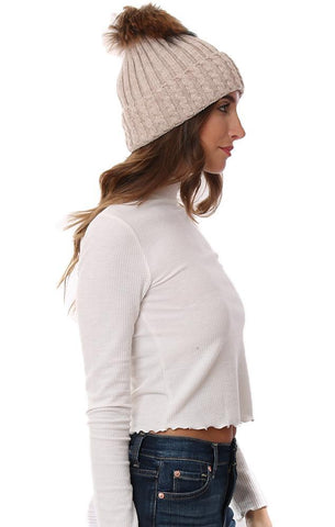 HATS CABLE KNIT FOLDOVER FUR POM POM BEANIE BEIGE WINTER HAT