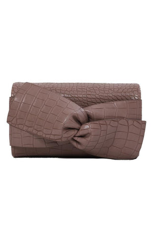 HANDBAGS BOW FRONT FAUX CROC SKIN MAGNETIC CLOSURE TAUPE CHIC MINI CLUTCH