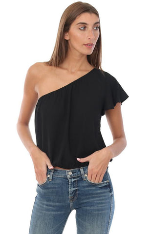 VERONICA M TOPS SUR UNE ÉPAULE À MANCHES À VOLANTS BLOUSE NOIRE LÉGÈRE CHIC