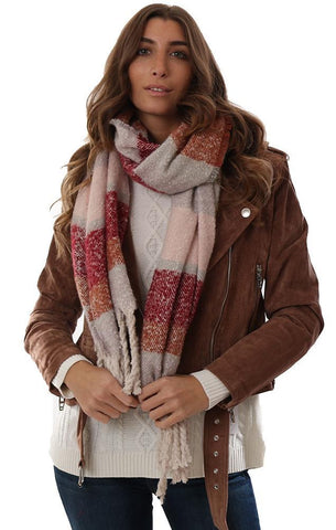 SCARVES TASSEL TRIM WIDE STRIPE COLOR BLOCK SOFT BURGUNDY PINK GREY COZY BLANKET SCARF