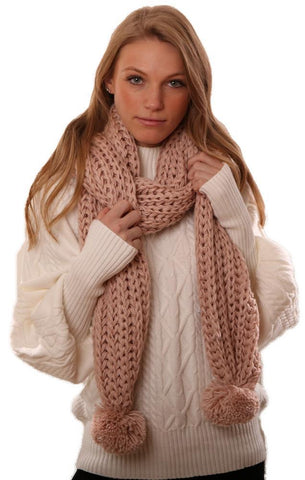 SCARVES KNIT SOFT PINK KNITTED POM POM WINTER SCARF