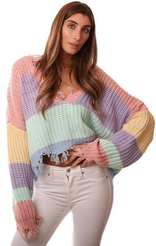 STORIA PULLS MANCHES LONGUES COL V EN DÉTRESSE COLORBLOCK RAYÉ TRICOT COURT PULL