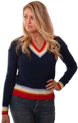 CENTRAL PARK WEST SWEATERS LONG SLEEVE V NECK STRIPED NAVY KNIT PULLOVER