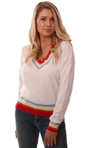 CENTRAL PARK WEST SWEATERS LONG SLEEVE V NECK STRIPED IVORY KNIT PULLOVER