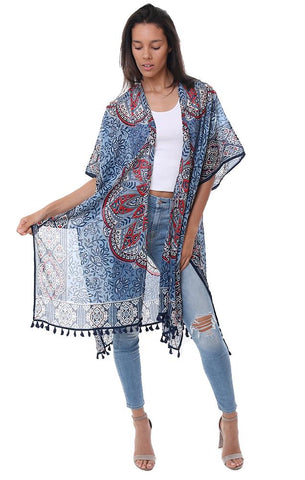 Style Standard Tops Kimono Kaftan haut cache-cœur à pampilles bleu