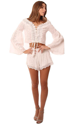 VINTAGE HAVANA TOPS OFF THE SHOULDER EYELET LACE BELL SLEEVE WHITE BLOUSE