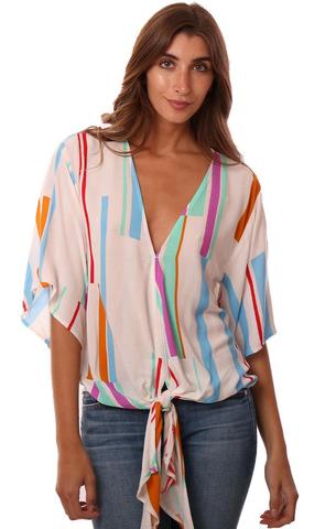 TOPS KIMONO SLEEVE TIE FRONT V NECK COLORFUL STRIPED FLOWY TOP
