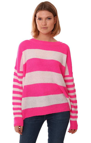 TOPS COL ROND MANCHES LONGUES PULL EN MAILLE RAYÉ ROSE BLANC PULL