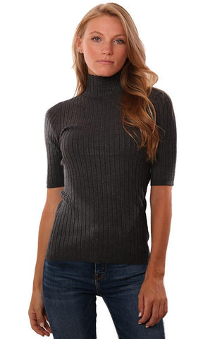 525 America Tops Turtle Neck Ribbed Fitted Grey Knit Top