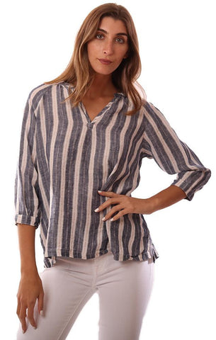 CP SHADES TOPS BLOUSE EN LIN FLUIDE À MANCHES LONGUES ET COL EN V BLEU MARINE