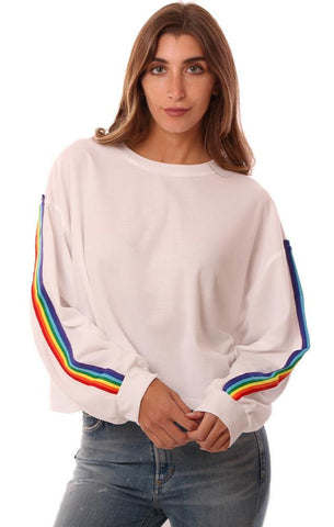 SIX FIFTY TOPS RAINBOW STRIPE LONG SLEEVE WHITE PULLOVER SWEATSHIRT