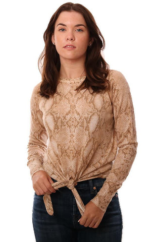 SWEATERS LONG SLEEVE TIE FRONT SNAKESKIN PRINTED TAN LIGHTWEIGHT KNIT TOP