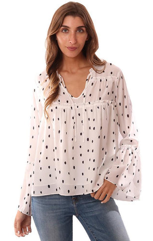 CENTRAL PARK WEST TOPS LONG FLARE SLEEVES RUFFLE TRIM POLKA DOT WHITE SHEER BLOUSE