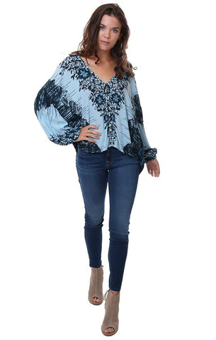 FREE PEOPLE TOPS IMPRIMÉ BLEU MANCHES LONGUES BOUTONS COL V BLOUSE BLEU