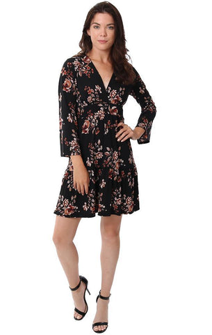 Veronica M Dresses Mini robe noire à imprimé floral, col en V, manches 3/4