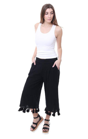 Vintage Havana Crop Tassel Trim Ankle Black Summer Beach Pant