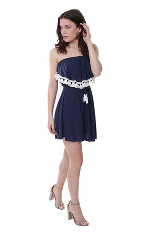 Vintage Havana Strapless Mini Dress Tassel Navy Dresses