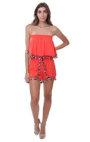 Vintage Havana Tassel Trim Coral Summer Strapless Summer Beach Romper