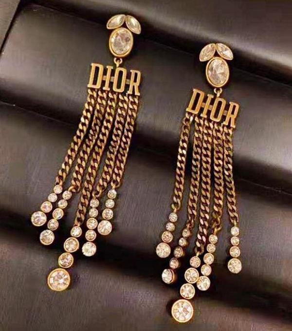 DIOR Women Fashion New Letter Tassel Diamond Personality Long Earring Accessories