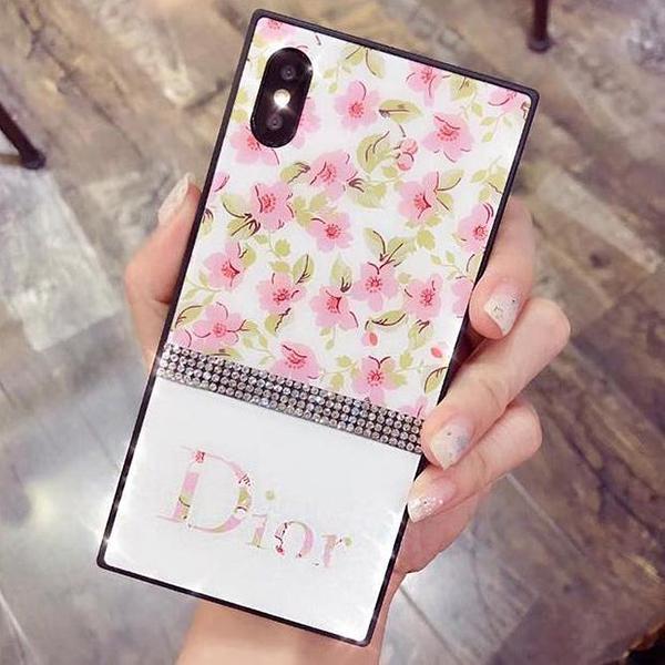 DIOR LV Flower Series Popular Glass Shining Diamond iPhone Phone Cover Case For iphone 7 7plus 8 8pl