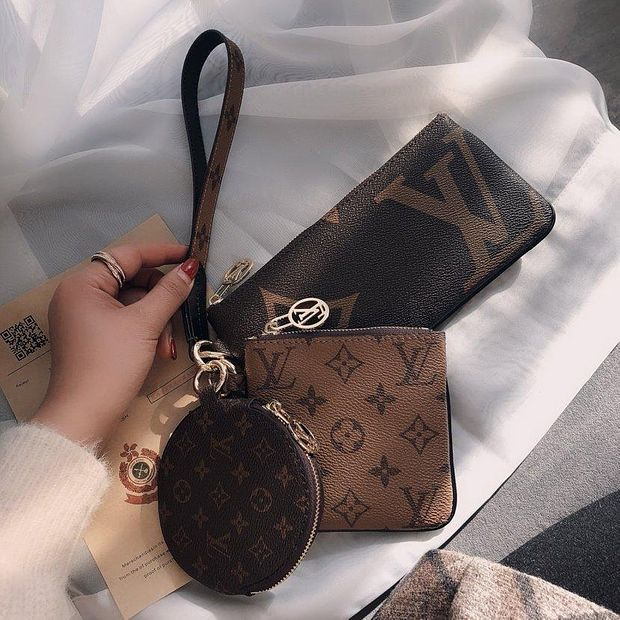 LV Louis Vuitton Stylish Retro Clutch Bag Wristlet Key Pouch Handbag Wallet Purse Three Piece Set