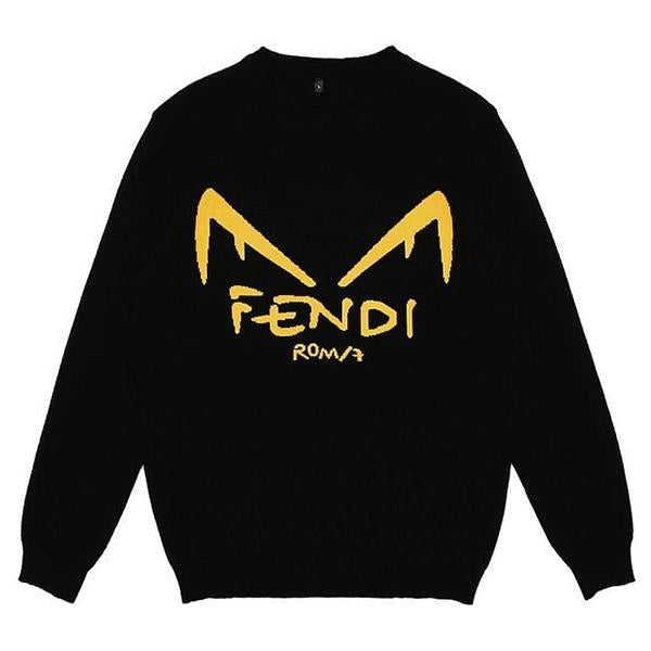 Fendi new cotton knit crew neck pullover long sleeve sweater black