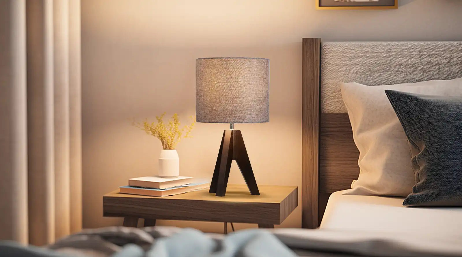 Nighstand with lamp and books next to a bed in a bedroom setting