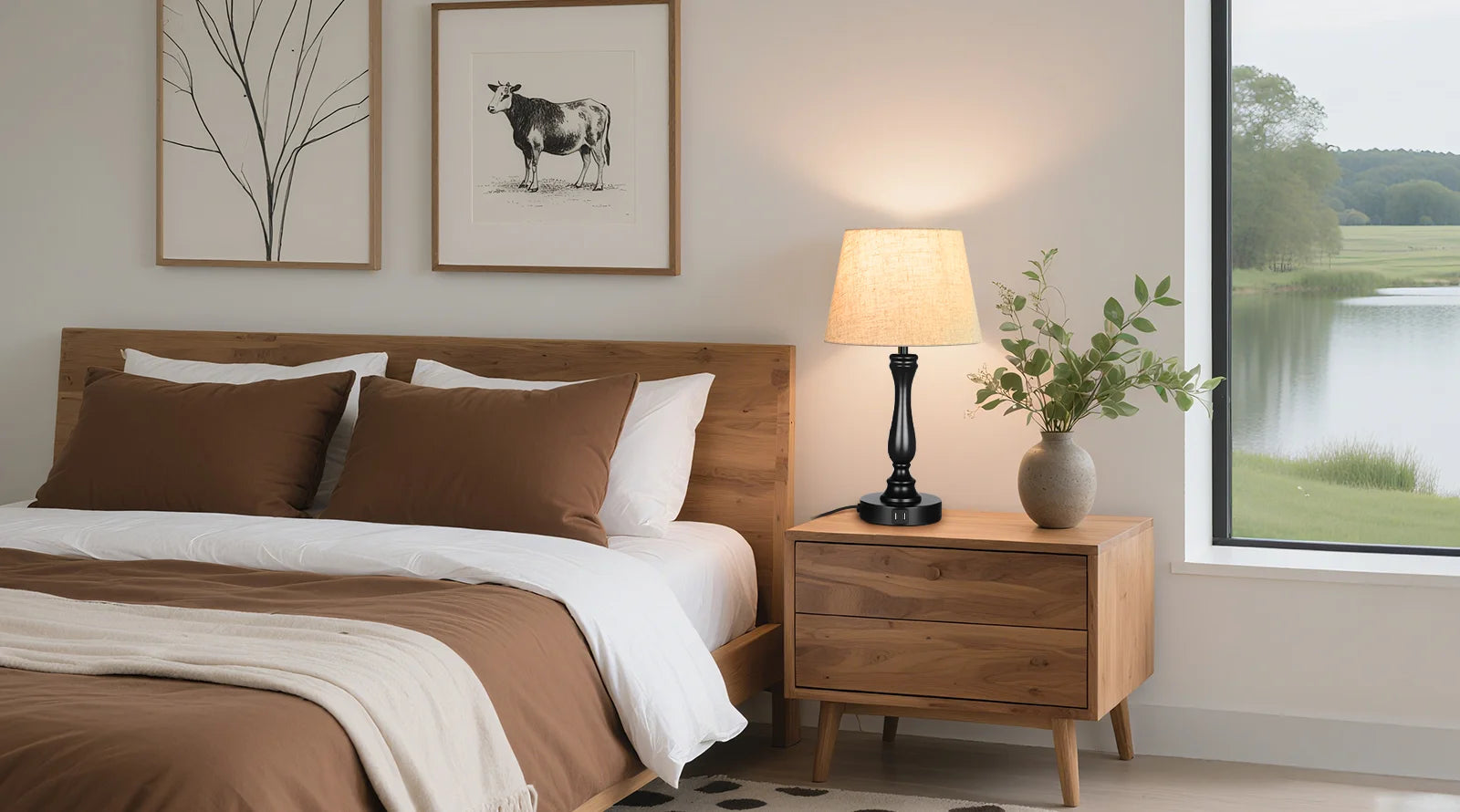 Bedroom with wooden bed, nightstand, and lamp near a window with a view of a lake.