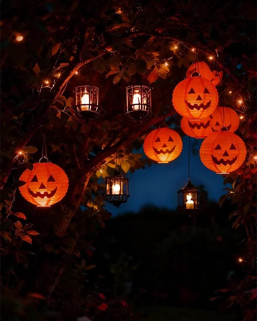 halloween-lighting-idea-battery-powered-candles-and-orange-pumpkin-paper-lanterns-hang-at-different-heights-on-tree-branches-creating-a-magical-and-ethereal-effect-in-the-dark-garden