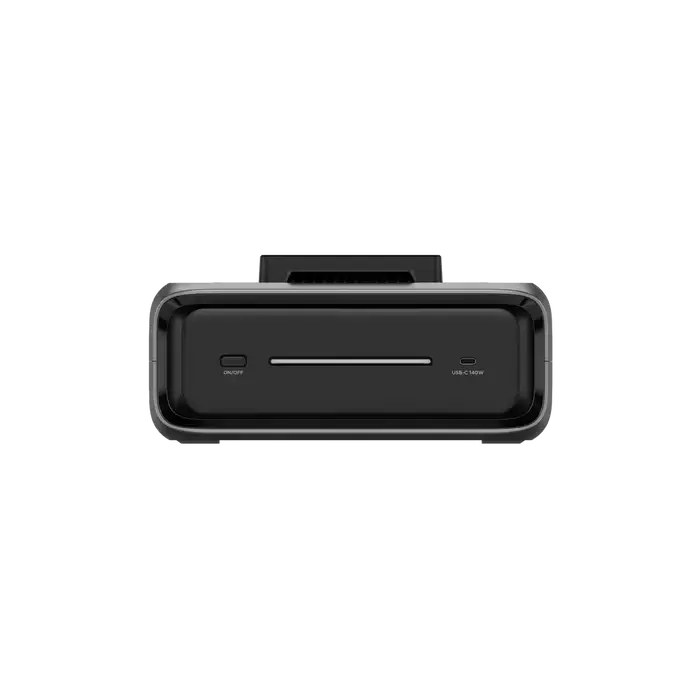 A front view of a sleek black device with an EcoFlow-like design, features a card slot and two buttons for "EJECT" and "VIDEO MODE." Its compact design rivals the portability of carrying an Extra Battery 300.