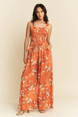 Davi & Dani Floral Ruffle Square Neck Smocking Bodice Jumpsuit - Li'l K 