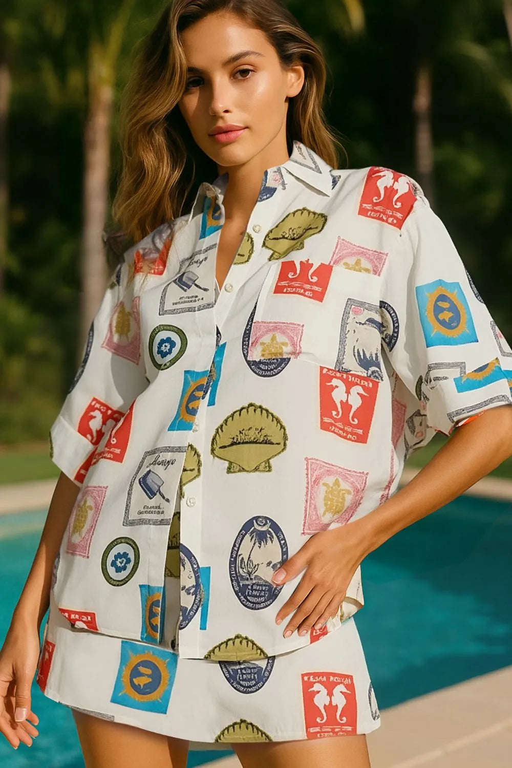 Printed Button Up Shirt and Skirt Set