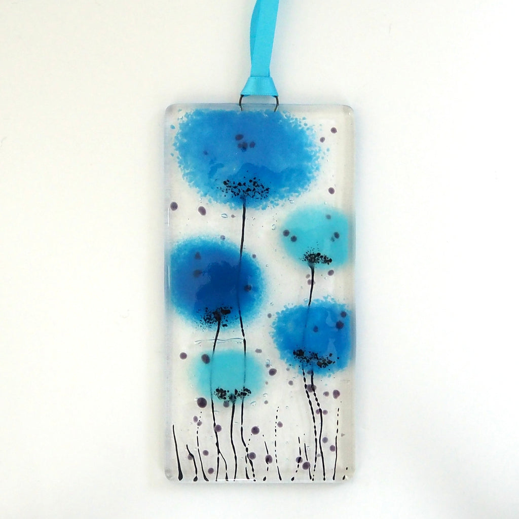 Turquoise Blue Flowers Fused Glass Wall Art Sun Catcher Fired Creations