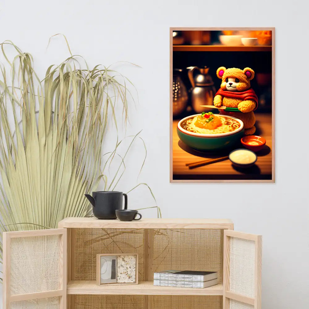 Affiche d'ours cuisinant des ramen dans un cadre chaleureux et charmant