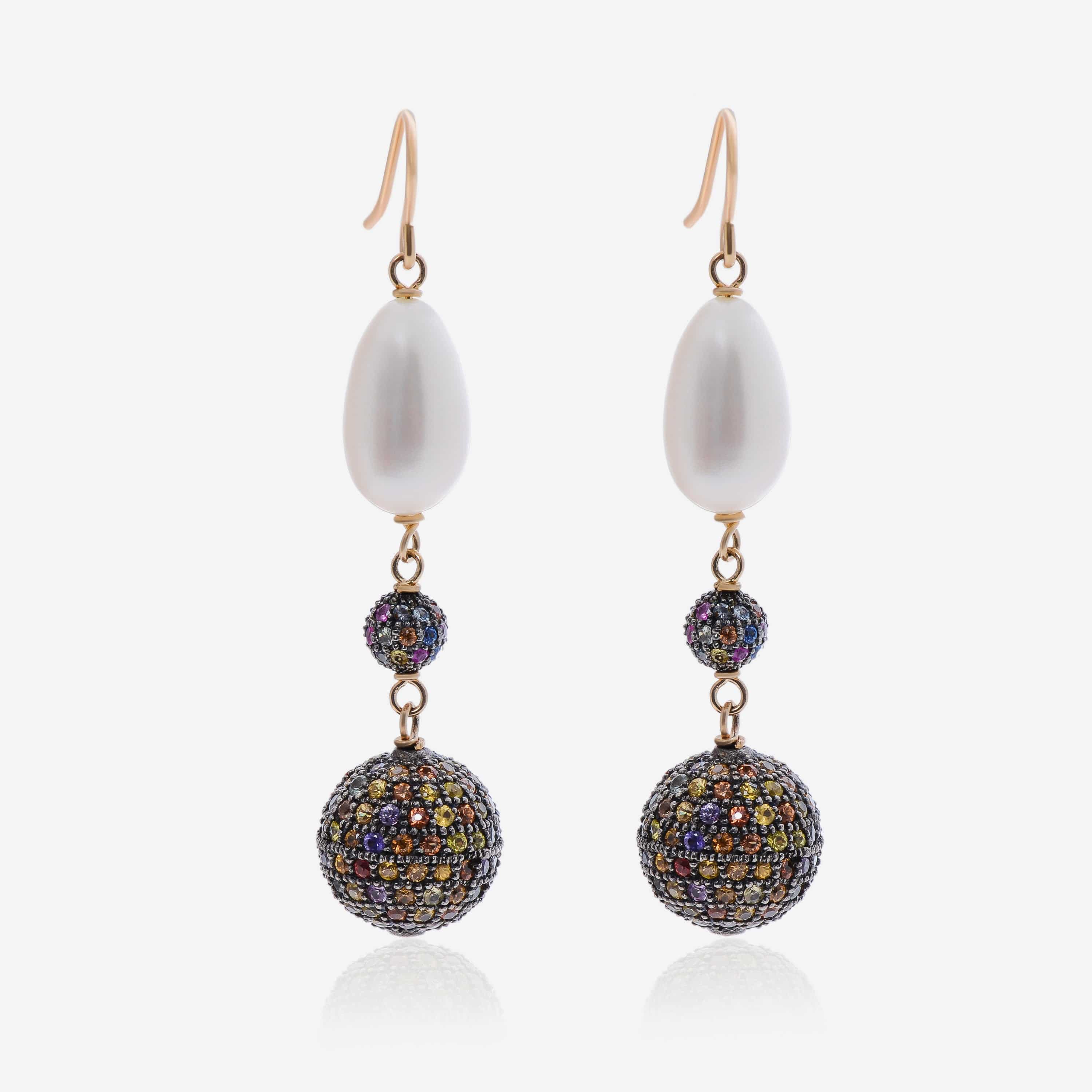 Image of Zydo 18K Yellow Gold, Multicolored Sapphire 17.40ct. tw. and 9.5mm Baroque Pearl Drop Earrings
