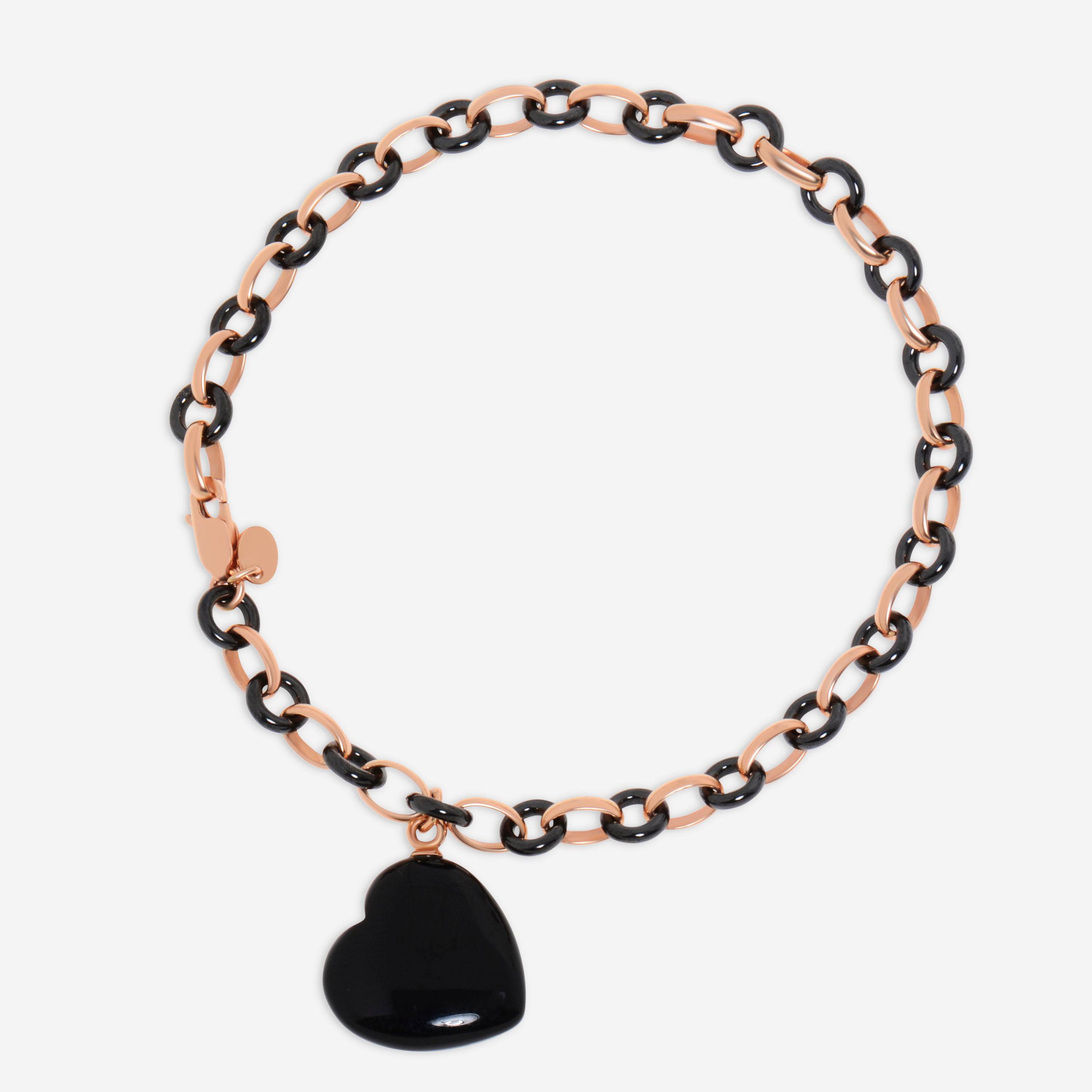 Image of SuperOro 18K Rose Gold and Ceramic, Onyx Heart Charm Link Bracelet