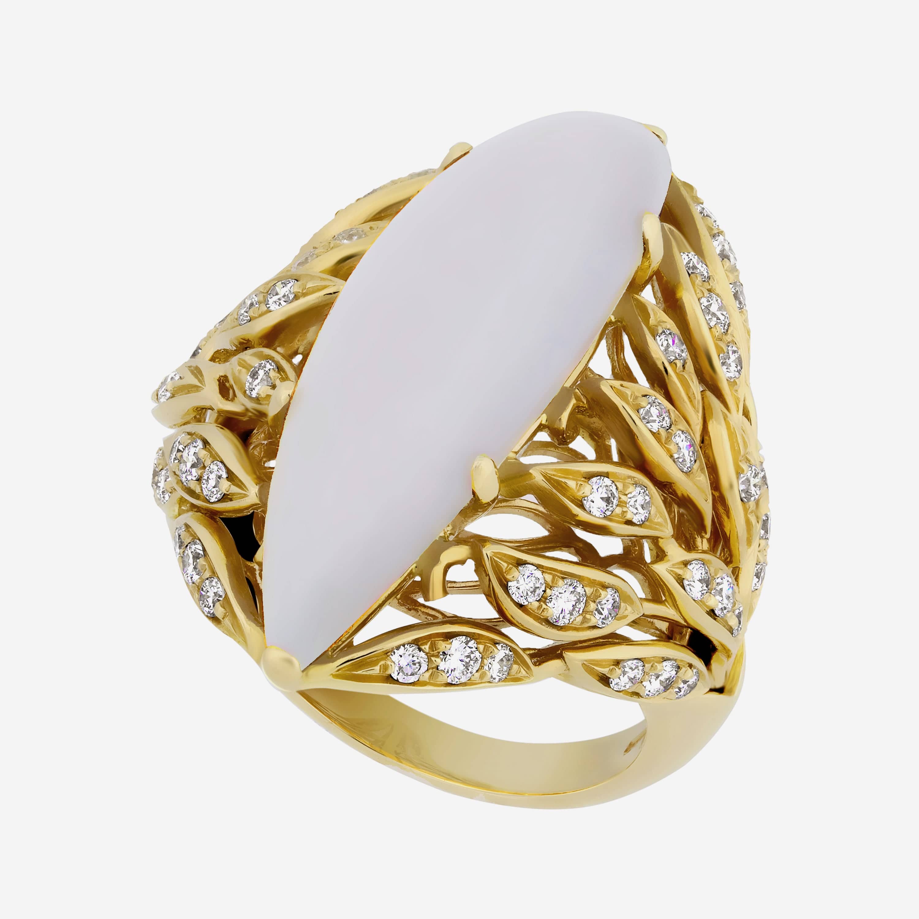 Image of Luca Carati 18K Yellow Gold, White Chalcedony and Diamond 0.79ct. tw. Ring sz 6.75