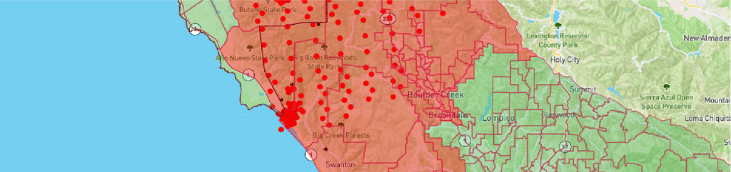 Map of Santa Cruz county with affected fire areas highlighted.