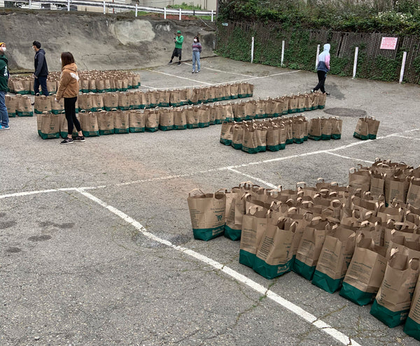 Dozens of Sports Basement paper bags filled with groceries.