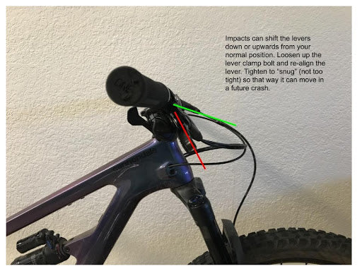 Side photo of bike handle bars. Impacts can shift the levers down or upwards from your normal position. Loosen up the level clamp bolt and re-align the lever. Tighten to "snug" (not too tight) so that way it can move in a future crash.