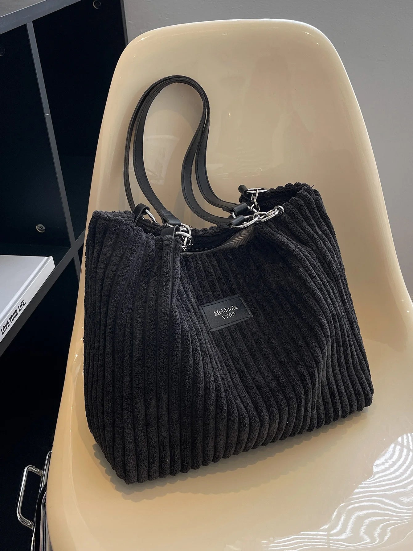 Large-Volume Collage Corduroy Tote Bag Casual Retro Double-Hand Shoulder Bag