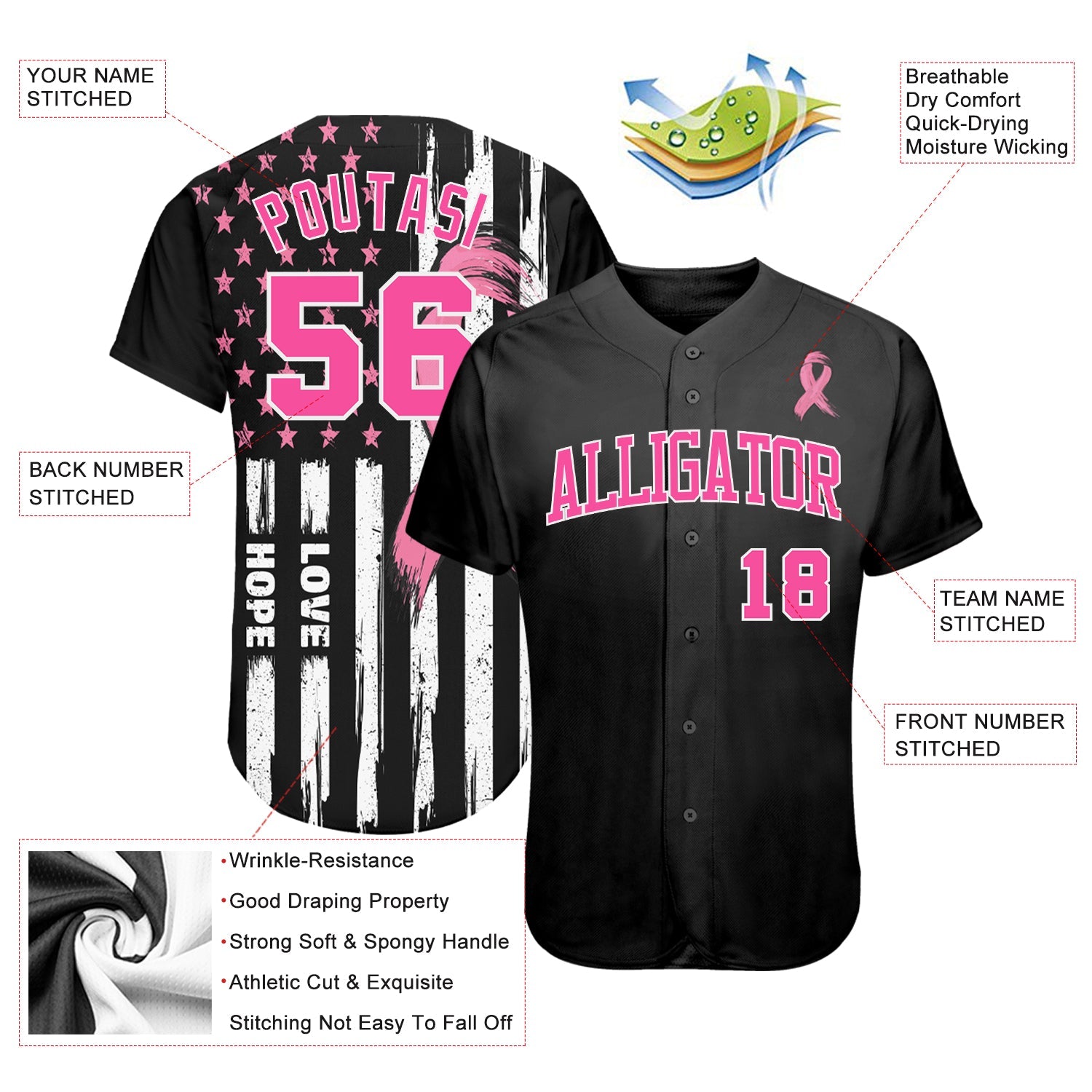 Custom Breast Cancer Awareness Black Pink Baseball Jerseys For Men & Women  JN115