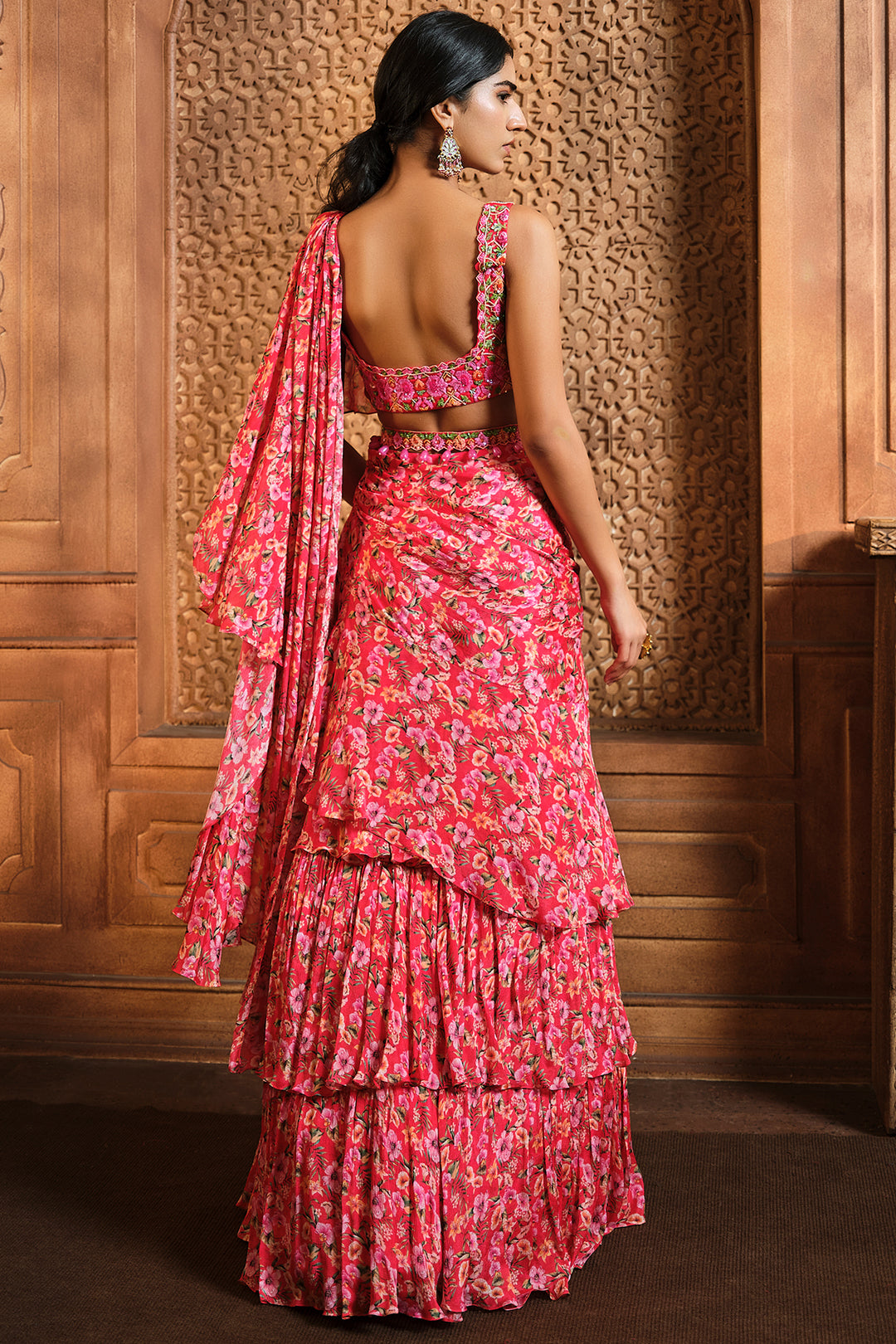 Red Floral Printed 3 Layer Frill Saree – Aneesh Agarwaal