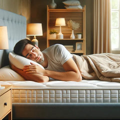 Person sleeping peacefully on a new mattress, showcasing the comfort and serene environment of the bedroom.