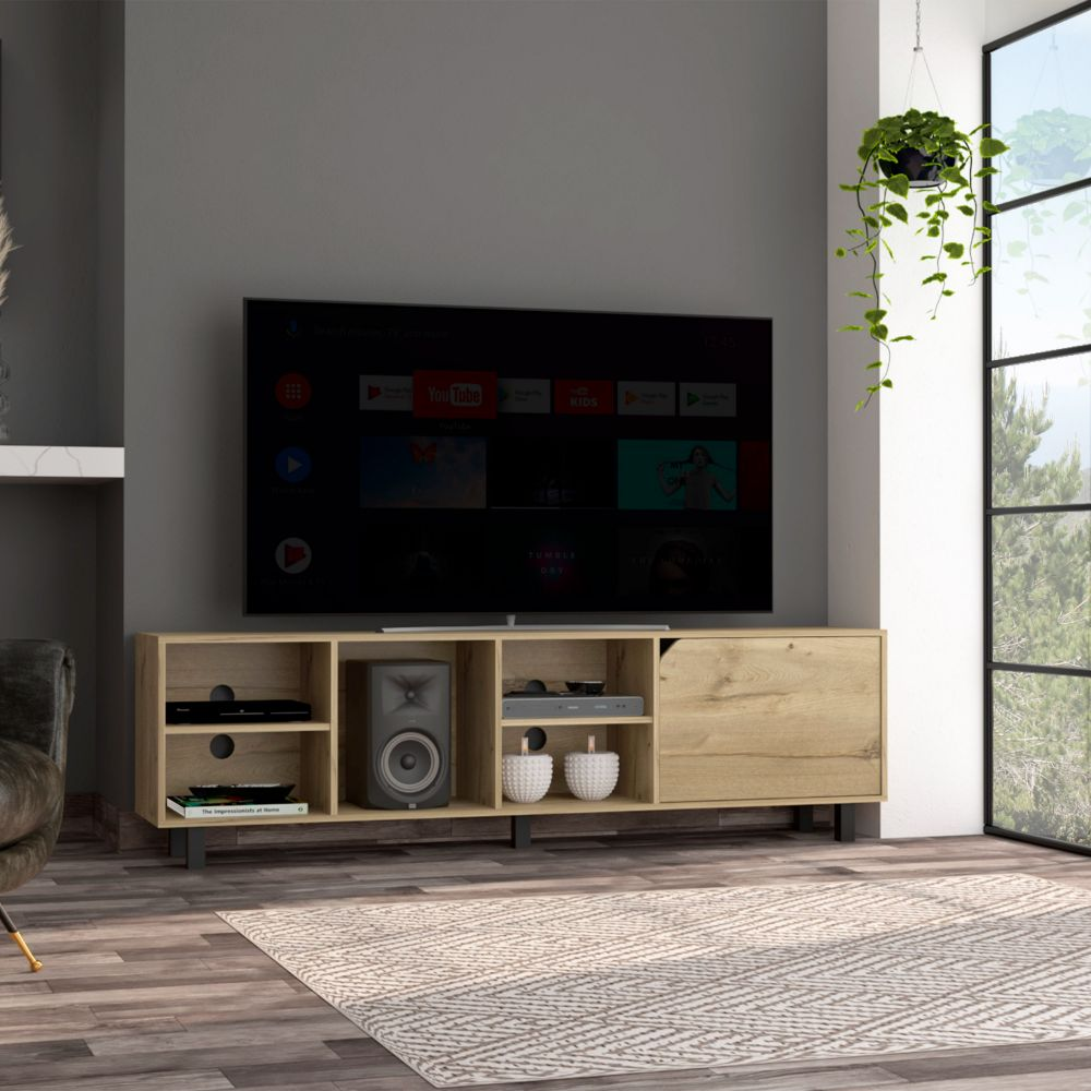 Estocolmo TV Stand for TV´s up 70", Four Open Shelves, Five Legs, Light Oak Finish