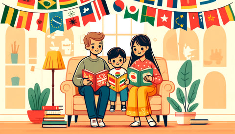 같이 세계에 대해 알아보는 책을 읽는 가족
