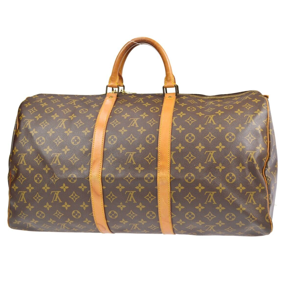 Louis Vuitton Boston Bag Duffle Keepall 55 Monogram Canvas Brown with Name  tag