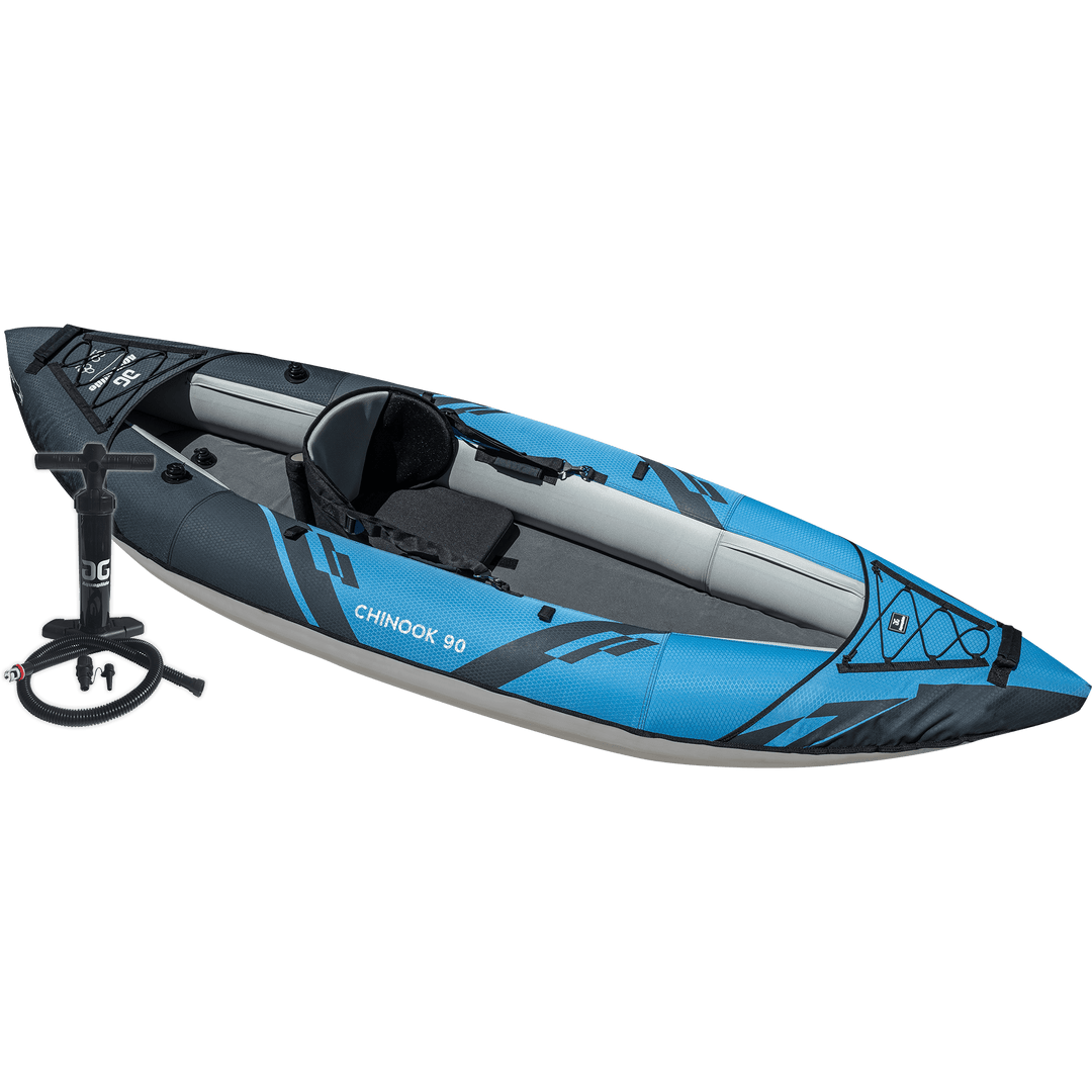 AQUAGLIDE Chinook 120 Inflatable 12' Foot Kayak Kit Packable Includes Pump  for Adults Family Friendly Pet Adaptable 1 or 2 Riders Blow Up Recreational