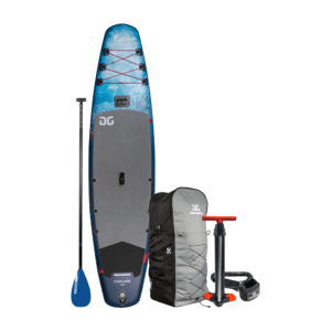 Studio image of cascade 11 package - blue paddleboard, blue paddle, storage carry bag, hand pump, and leash