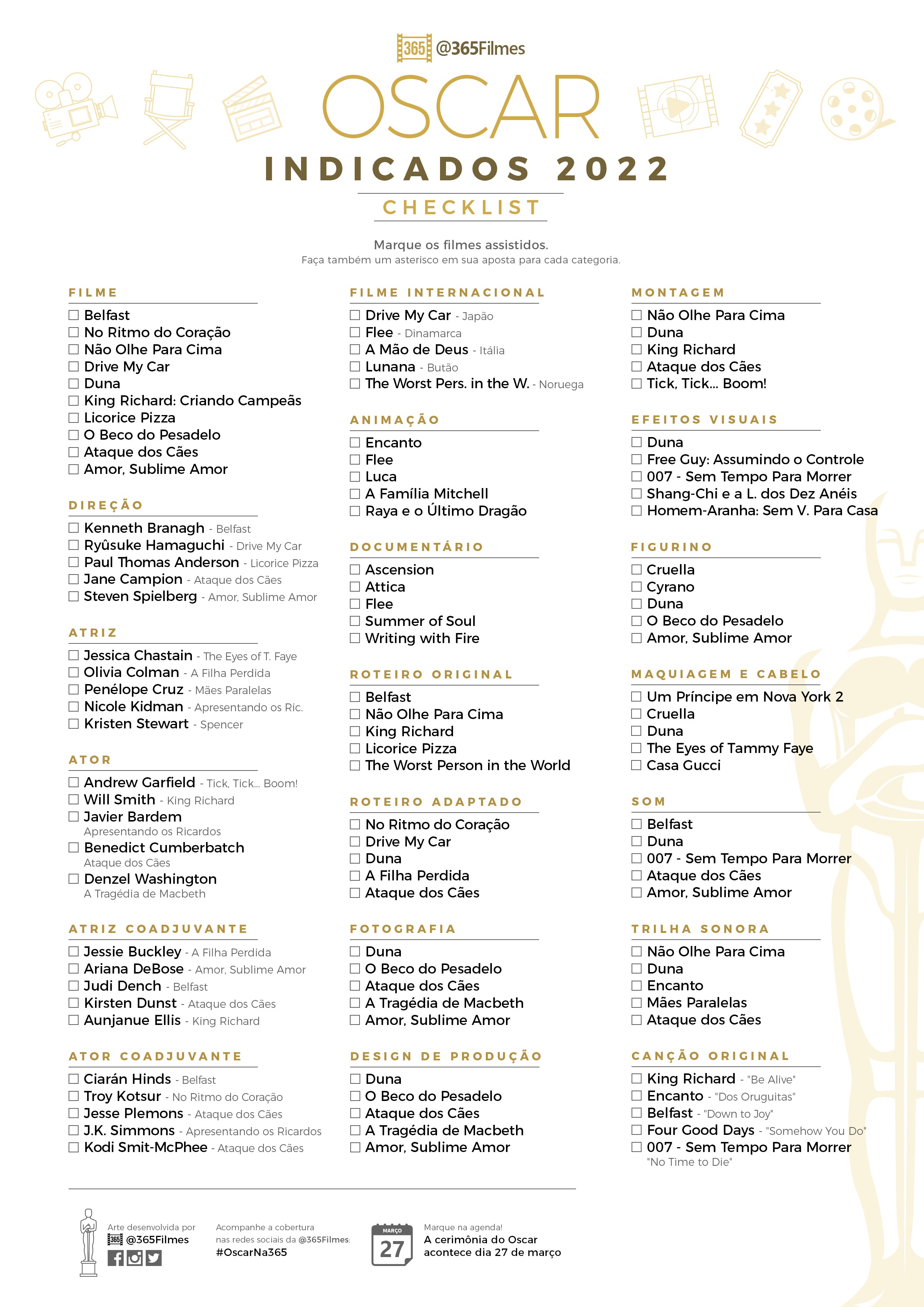 [Download] Checklist dos Indicados ao Oscar 2022 Baixe e imprima